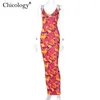 Casual Dresses Chicology Buntes Print Maxikleid Ärmellos Club Outfits Frauen Sexy Neon Kleidung Weibliche Streetwear Lady Bodycon Y2K