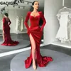 GACVGA Elegant Long Dress Evening Party Gown Outfits Women Gloves Sleeve Red Velvet Sexy Slit Maxi Dresses Bridesmaid Vestidos 240129