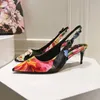 Slingback High Heels Prints klänningskor Lyxiga kvinnor pekade tå stilettparty sko designer lady blommor romantisk sexig pumpar sandal med låda