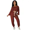 Kvinnors tvåbitar byxor Casual Solid Tracksuit Women Sexy Off the Shoulder Drawstring Long Sleeve Crop Top Sweatpants Slim Set Fall Oufits