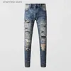 Jeans voor heren High Street Fashion Herenjeans Retro gewassen blauw Stretch Skinny Fit Gescheurde jeans Heren Kralen Patched Designer Hip Hop Merkbroek T240205