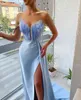 Light Sky Blue satin Mother of The Bride Dresses plus size luxury feather corset Long train sexy side split crysals strap Plus Size Women Evening Wedding Guest Gowns