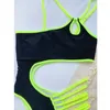 Maillots de bain pour femmes 1 épaule maillot de bain 2024 taille haute bikini de plage vert noir couture dames sexy maillot de bain creux femmes