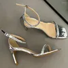 Sandals 2024 Summer Women Square Toe Crystal One Word With Sexy Silver 8cm Thin High Heels Open Wedding Shoes