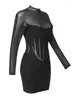 Casual Dresses Summer Fashion Women Sexy Turtleneck Long Sleeve Mesh Black Mini Bodycon Bandage Dress 2024 Elegant Evening Club Party