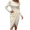 Sukienki swobodne kobiety elastyczna talia sukienka elegancka midi o długości kolan z nieregularną szczupłą szafą dla damskiej wiosennej jesiennej garderoby