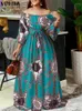 Casual Dresses Bohemian Maxi Robe VONDA Women Printed Party Dress 2024 Sexy Off Shoulder Long Lantern Sleeve Sundress Belted Vintage