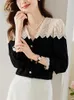 Blouses Femmes H Han Queen Automne Simple Élégant Simple Boutonnage Dentelle Patchwork Femmes Coréenne Lâche Casual Vintage Chemises Bureau Tops