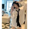 Women's Blouses Jielur Loose White Casual Female Shirts Solid Color Tie Single Breasted Straight Simple Shirt Fashion Basic Streetwear
