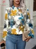 Women's Blouses Fashion Women Digital Print Blouse Shrinkage Design Button Decor O-Neck Long Sleeve Autumn Loose Pullovers Top