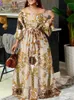 Casual Dresses Bohemian Maxi Robe VONDA Women Printed Party Dress 2024 Sexy Off Shoulder Long Lantern Sleeve Sundress Belted Vintage