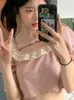 女性のTシャツHouzhou kawaiiヴィンテージエレガントな女性韓国スタイルセクシーな甘いデザインレースパフスリムティートップソフトグリル2024 y2k