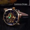 Forsining 3d Ontwerp Holle Graveren Zwart Gouden Case Lederen Skeleton Mechanische Horloges Mannen Luxe Merk Heren Horloge 240129