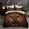 Beddengoedsets Leeuw Dieren Dekbedovertrek Bliksempatroon Jungle Wildlife Grijs Zwart Bed voor tieners Jongens Jongeman Decoratiekamer