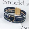 Bracciale in pelle intrecciata a mano con cuore di cristallo per ragazze donna con catena con fibbia magnetica Braccialetti multistrato Consegna di gioielli Dhfxr