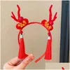 Hair Accessories Dragon Horn 2024 Happy Year Headband Tassel Hairpin Red Bow Chinese Style Hairband Drop Delivery Baby Kids Maternity Otahm