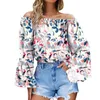 Blusas femininas fora do ombro colheita topos feminino verão preto margarida floral impressão longa sino manga pullovers plissado solto boho camisas