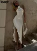 Casual klänningar nsauye kvinnor sexig rygglös grimma y2k ruffles midi bodycon klubb kväll fest klänning sommar 2024 ärmlös mode vit