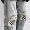 Mäns jeans high street feng shui tvättade hål klistra in tygplädbyxor smala passform liten fot märke tunn elastisk tiggare