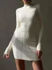 Knitted White Dress Women Elegant Fashion Turtleneck Bodycon Midi Dresses Female Autumn Winter Long Sleeve Slim Streetwear Dress 240123