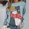 T-shirts Femmes Anime Cat Pattern Chemise pour Femmes Automne Col Rond Pull Casual Manches Longues Tops Femme Surdimensionné Quotidien Dames Vêtements