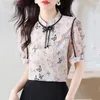 Kvinnors blusar 2024 Summer Women Topps Vintage Printed Shirt Stand Collar Chinese Chinoiserie Short Sleeve Chiffon Blue