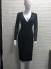 Vestidos casuais beaukey 2024 sexy mangas compridas hl bandage vestido bodycon branco preto malha retalhos v pescoço joelho comprimento festa vestidos