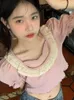 Koszulki damskie houzhou kawaii vintage eleganckie kobiety koreański styl seksowny słodki design koronkowy koronkowy rękawa szczupły koszulki miękkie gril 2024 y2k