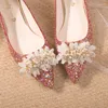 Туфли класса люкс на высоком каблуке с жемчужной пряжкой, женские блестящие туфли на толстом вечернем удобном свадебном каблуке