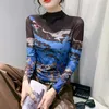 8793 Turtleneck Mesh Long Sleeve T Shirt Women Sexy Vintage Skinny Tshirt Female Korean Fashion Basic Tshirt Femme Thin Short 240124