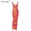 Casual Dresses Chicology Buntes Print Maxikleid Ärmellos Club Outfits Frauen Sexy Neon Kleidung Weibliche Streetwear Lady Bodycon Y2K