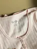 Ihålig rosa lång ärm t -shirt sommar runda nackknappar bomull smal sexig topp för kvinna vintage söt söt y2k toppar chic 240123
