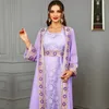 Ethnische Kleidung, marokkanisches 2-teiliges Abaya-Set, Jilbabs für Damen, schickes lila Chiffon-Spitzenband, Gürtel, arabisches Kleid, Ramadan-Musulmane-Kaftan