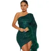 Casual Dresses Idress Women's One Shoulder Trumpet Long Sleeve Sequin Mini Dress Sexig BodyCon Sparkly Pencil Party Evening Cocktail