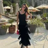 Casual Kleider Quaste Stricken Ärmelloses Kleid Frauen Grün Sexy Backless U-neck Lange Weibliche 2024 Sommer Mode Strand Urlaub Dame vestido