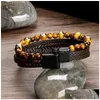 السلسلة الرجعية نمر العين الحجر الحجر الطبيعي سوار جلدي مطرز MTI-Layer Wrap Bracelets Bangle Cuff Banger for Men Hiphop Jewe Dhzsm