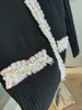 Pull femme marque de mode européenne noir col rond manches longues dentelle perle décorative laine haut tricoté