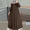 Etniska kläder 2024 Islam Abaya Dress Cotton and Art Retro Casual Robe Femme Muselmane Loose Round Neck Ruffled Women's