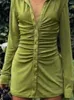 Vestidos casuais yenkye primavera 2024 mulheres vintage verde ruched veludo camisa vestido manga longa lapela colarinho feminino vestidos curtos