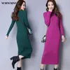 Slim långärmad stickad onepiece klänning sexig kvinnor höst vinter koreanska tröja klänningar midi botten bodycon vestidos 240124