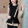 Women's Blouses Fashion Spliced Button Ruffles Fake Two Pieces Clothing 2024 Autumn Winter Elegant Tops Asymmetrical Shirts