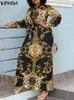 Casual Dresses Vonda Bohemian Maxi Dress Women Elegant Long Lantern Sleeve Printed Bow Sundress 2024 Fashion Loose Belted Party Robe