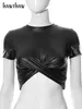 Women's T Shirts Hawthaw Women Fashion Short Sleeve Leather Party Club Black Crop Tops 2024 Sommarkläder grossistföremål för företag