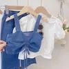 衣類セット女の女の子の服サマーホワイトTシャツデニムサスペンダーとジーンズ3PCSスーツワイドレッグパンツ韓国の子供用トップボトムセット