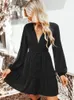 Casual Dresses Miss Petal Plunge Button-Loop Mini Dress for Women Solid Black Sexy Long Sleeve Party 2024 Autumn Winter Female