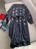 Casual jurken Maxi-jurk met boho-borduurwerk, katoen en linnen, retro hippie, gepofte mouwen, ronde hals, marineblauwe vestidos met riem