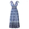 Party Dresses Summer Runway Vacation Long Dress Women V Neck Elastic midja Blue and White Porslin Print Maxi Robe Femme Clothes N499