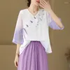 Blusas femininas chiffon estilo chinês bordado camisa moda roupas soltas primavera/verão 2024 com decote em v topos ycmyunyan