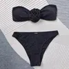 Mulheres Swimwear Sexy Preto Brilhante 3D Flor Bandeau com Cobertura Micro Thong 3 Peça Bikini Set 2024 Mulheres Maiôs Beachwear Banhistas