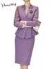 Yitimuceng Purple 2 Piece Set for Women Fashion Office Ladies Folds Slim Long Sleeve V Neck Blazers Casual kjoldräkter 240202